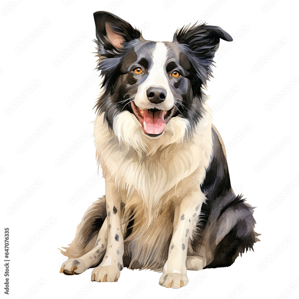 Sitting Border Collie dog watercolor clipart on transparent background. Generative AI illustration