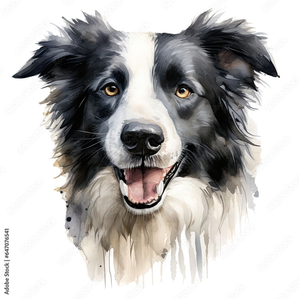 Border Collie dog portrait watercolor clipart on transparent background. Generative AI illustration