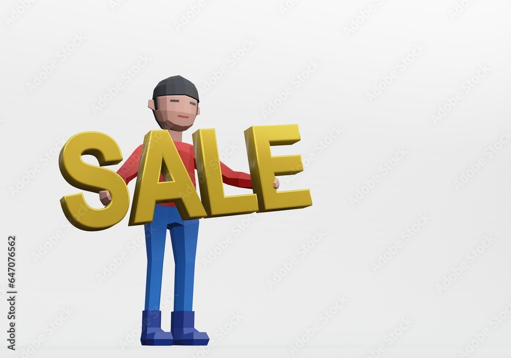 3d render dummy man holding a sale sign for shopping concept 3d render dummy man holding a sale sign for shopping concept