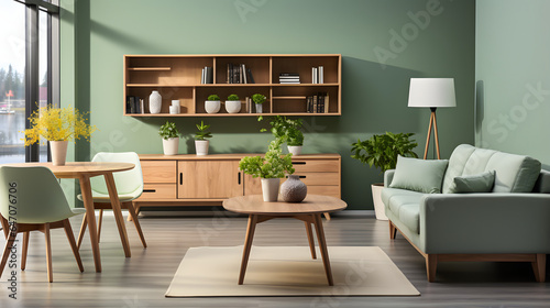 : Mint color chairs at round wooden dining table in room with sofa and cabinet near green wall. Scandinavian, mid-century home interior design of modern living room