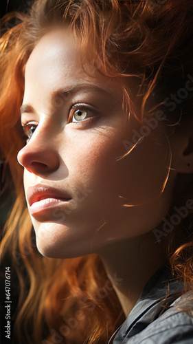 close up mid face of Young woman skin texture side view telephoto lens bright lighting defocus