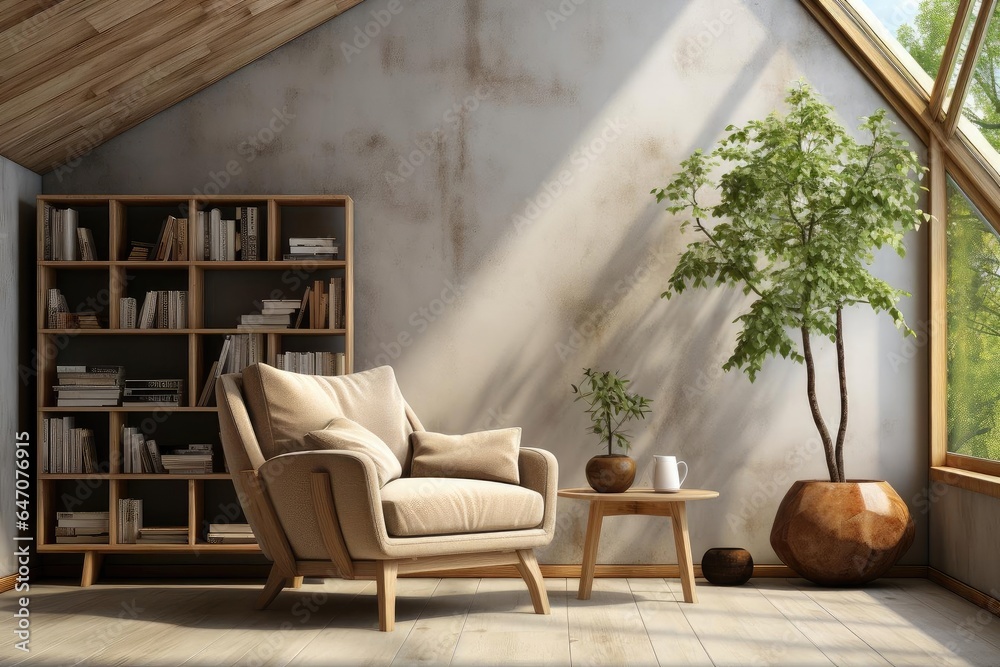modern minimalist scandinavian reading room with light natural materials - obrazy, fototapety, plakaty 
