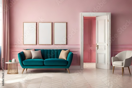 two wooden frames on pink and white wall  frame mockup  3d render  3d illustration.