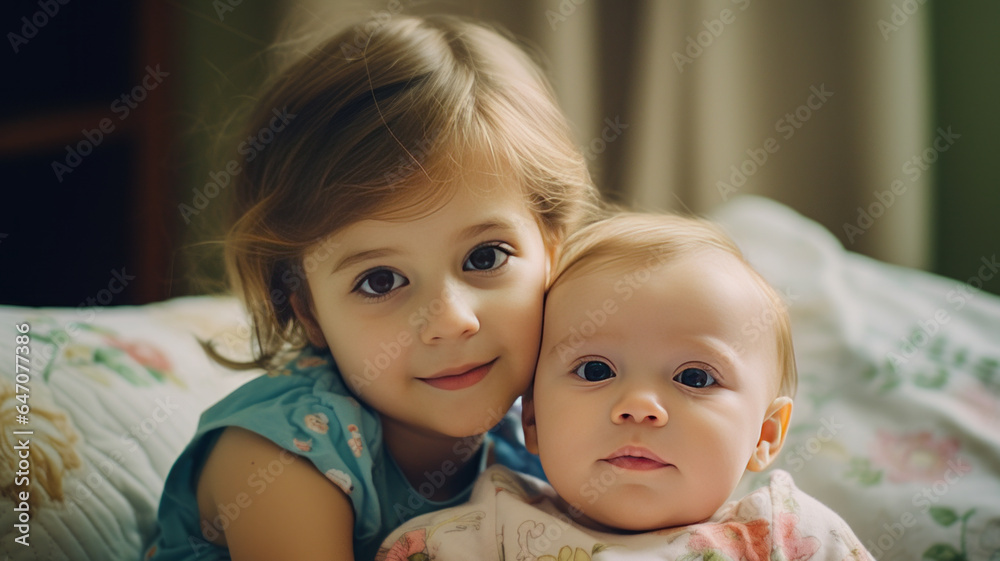 Little sister with her baby brother at home Photograph,bright colors.Generative AI. Little sister with her baby brother at home Photograph,bright colors.Generative AI.
