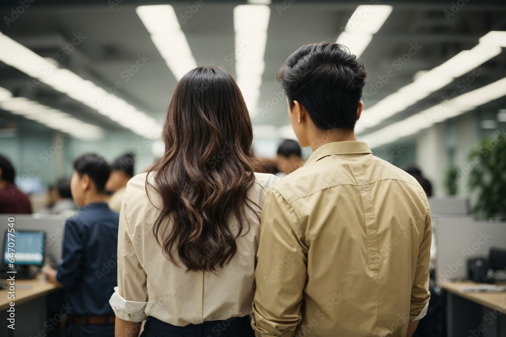 Back view of businessman and woman in office. Back view of businessman and woman in office.