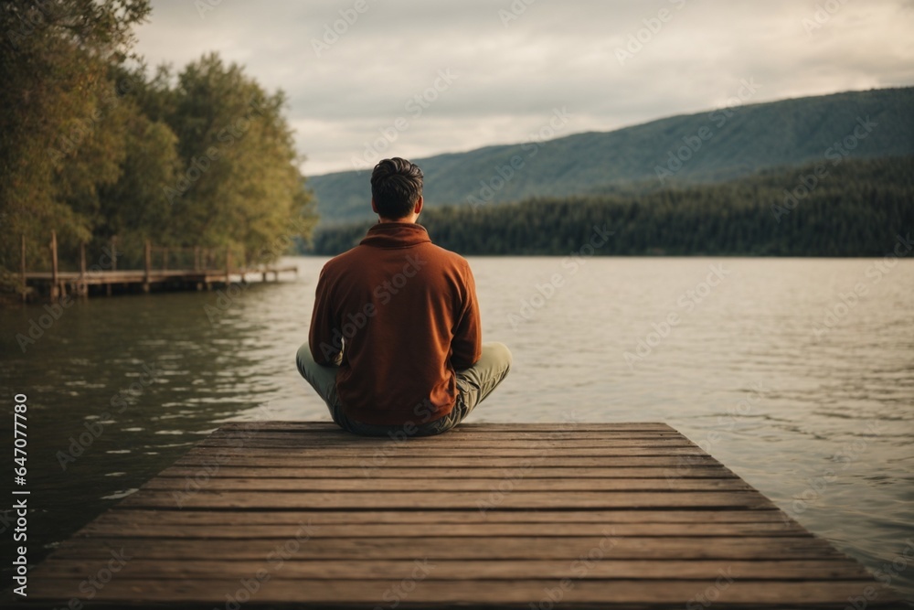 Back view of a man sitting alone on a bridge at the big river.