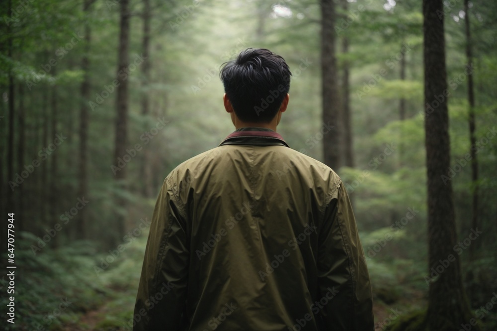 Rear view of a man explore the green forest.
