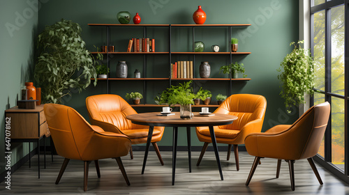 Orange leather chairs at round dining table against green wall. Scandinavian, mid-century home interior design of modern living room photo