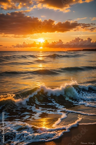 Sunset over the Ocean: The warm, golden hues of a sunset reflecting on the calm waters of the ocean create a mesmerizing scene. Capture the colors and the play of light on the waves.