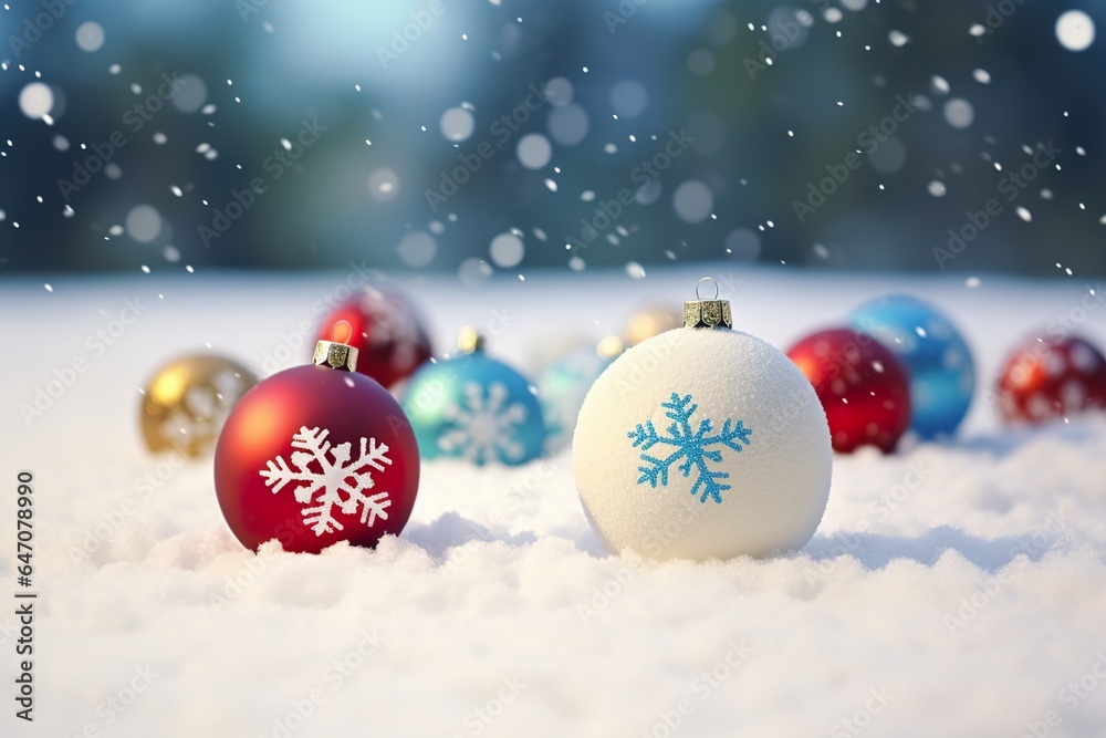 Light, colorful Christmas balls scattered in the snow, realistic style, with artificial snowflake decorations Light, colorful Christmas balls scattered in the snow, realistic style, with artificial snowflake decorations