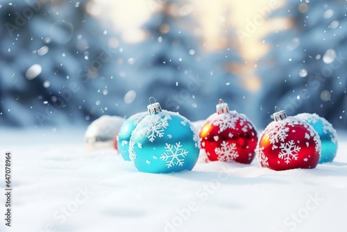 Light, colorful Christmas balls scattered in the snow, realistic style, with artificial snowflake decorations