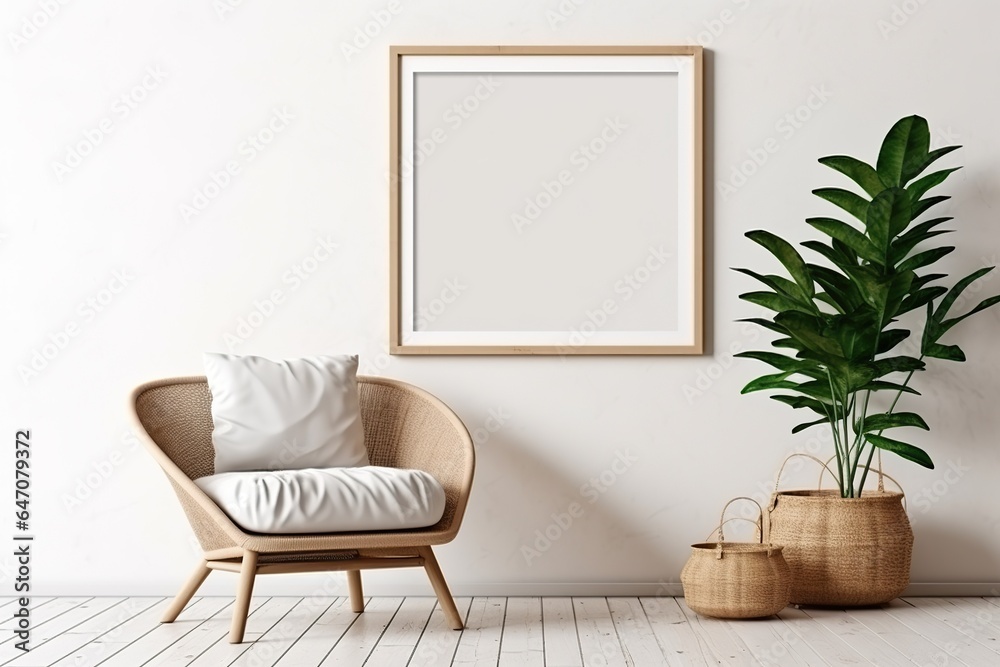 Wicker chair and floor vases near the white wall with the blank mockup poster frame. Boho interior design Wicker chair and floor vases near the white wall with the blank mockup poster frame. Boho interior design