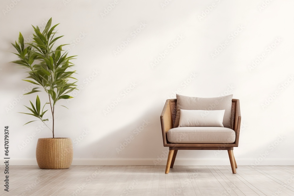 Wicker chair and floor vases near the white wall with the blank mockup poster frame. Boho interior design Wicker chair and floor vases near the white wall with the blank mockup poster frame. Boho interior design