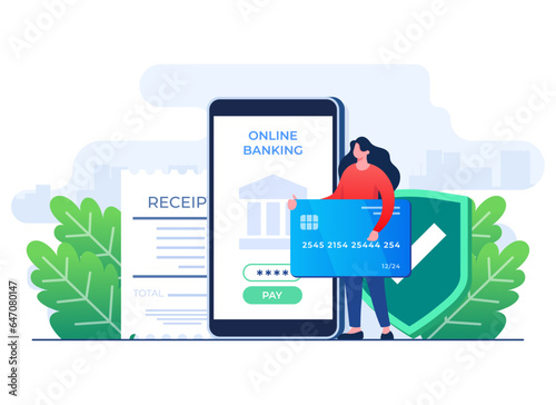 Secure mobile banking payment concept flat illustration vector template, Female character uses a smartphone to log into the bank account, Digital banking, Internet money, Online transaction