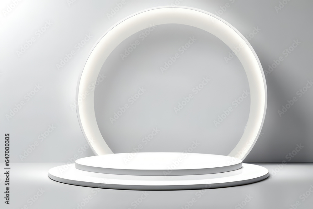 White background for product presentation, there is a circular pedestal with beautiful lights and shadows.