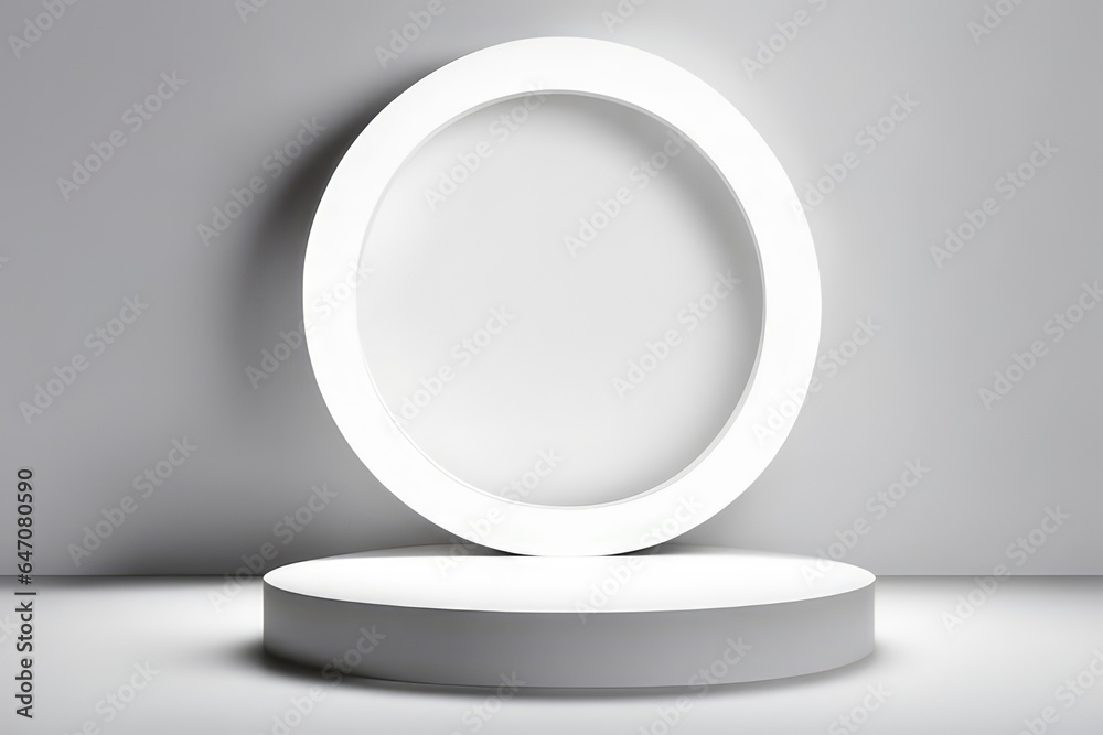 White background for product presentation, there is a circular pedestal with beautiful lights and shadows. White background for product presentation, there is a circular pedestal with beautiful lights and shadows.