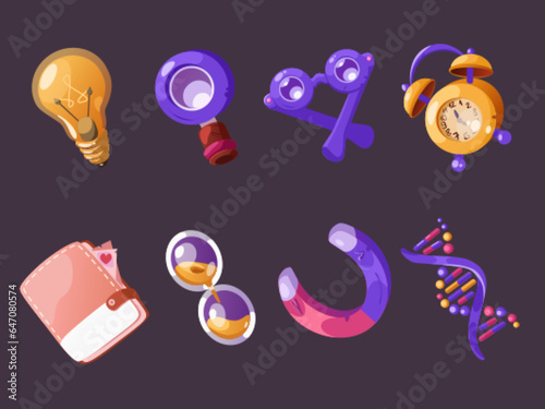 School science vector icon with magnet and dna object set. Biology supplies symbol cartoon. Physics experiment and research with isolated clock, textbook, bulb and glasses. Idea concept png clipart