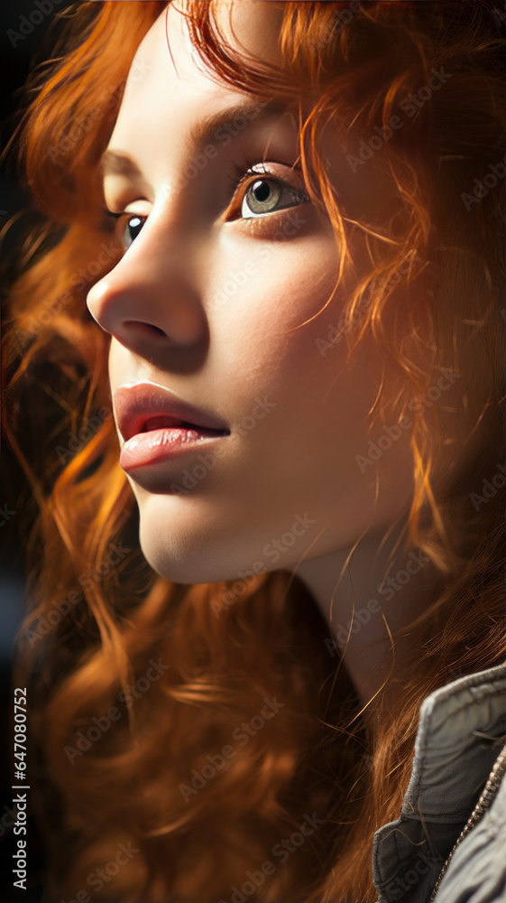 Fototapeta premium close up mid face of Young woman skin texture side view telephoto lens bright lighting defocus generative ai