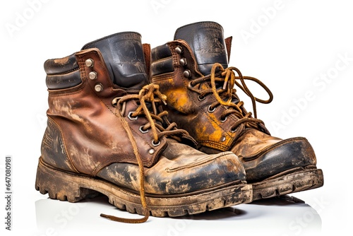 An old and used pair of working boots isolated on white background