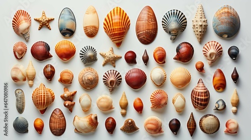 colourful mall seashells, fossil coral and sand dollars, puka shells, a sea urchin and a white starfish sea star  photo