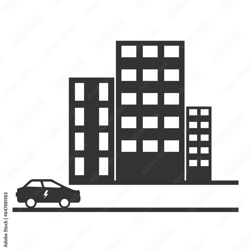 Fototapeta premium Vector illustration of eco-friendly car in the city icon in dark color and transparent background(png).