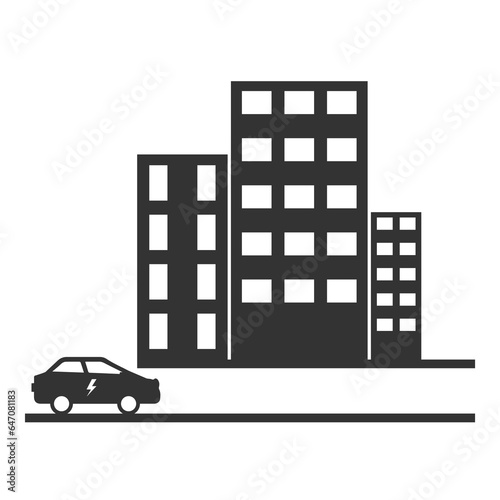 Vector illustration of eco-friendly car in the city icon in dark color and transparent background png .