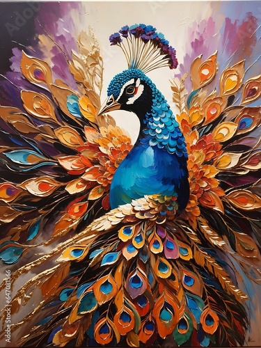 art painted peacock sitting on a branch among texture background photo wallpaper  © Ainur