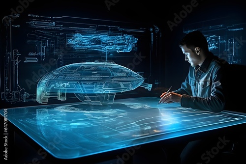 Holographic pen on the table, a engineer standing next to the ultra translucent futuristic pen. Generated AI