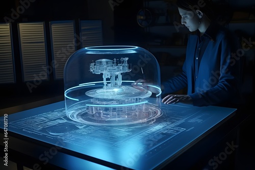 Holographic pen on the table, a engineer standing next to the ultra translucent futuristic pen. Generated AI