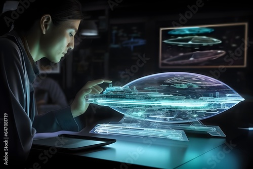 Holographic pen on the table, a engineer standing next to the ultra translucent futuristic pen. Generated AI