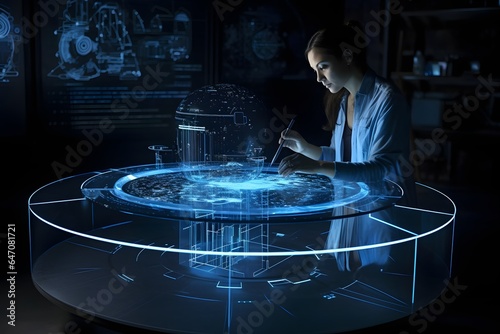 Holographic pen on the table, a engineer standing next to the ultra translucent futuristic pen. Generated AI