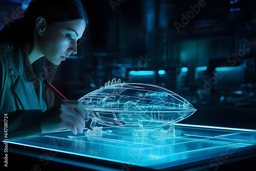 Holographic pen on the table, a engineer standing next to the ultra translucent futuristic pen. Generated AI