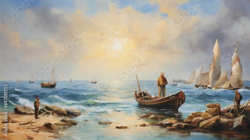 Fisherman, ships, boat, sea landscape, oil paintings. © Ainur