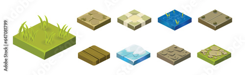 Ground Textures Game Surface and Platform Square Isometric Vector Template Set