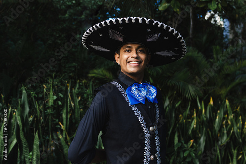 Latin man wearing as Traditional Mexican mariachi at parade or cultural Festival in Mexico Latin America, hispanic people in independence day or cinco de mayo party