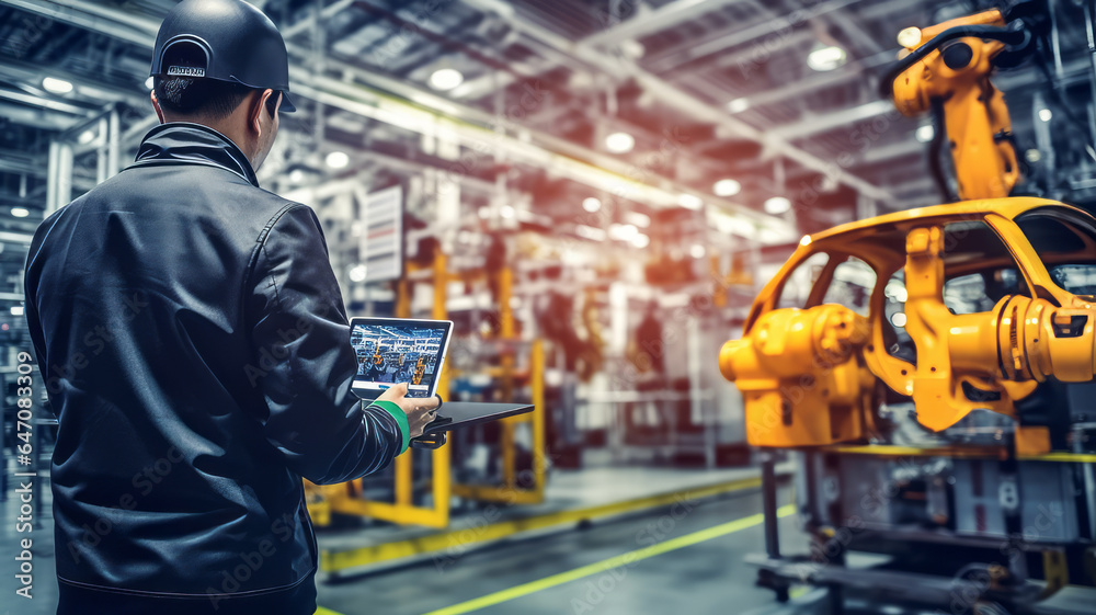 stock photo close up a back site engineering holding a tablet checking work at Car Factory Automotive.generative ai