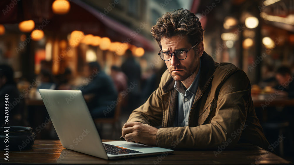 Stressed business man sitting at office workplace. Tired and overworked student man.generative ai Stressed business man sitting at office workplace. Tired and overworked student man.generative ai