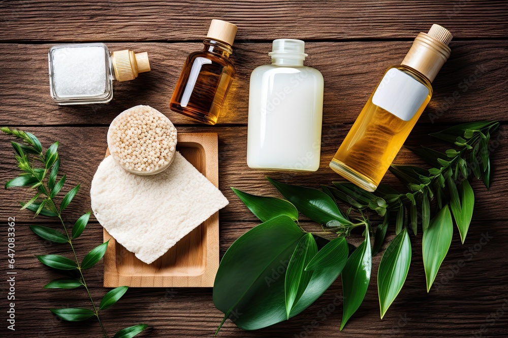 Set of natural organic SPA beauty products on wooden board Set of natural organic SPA beauty products on wooden board