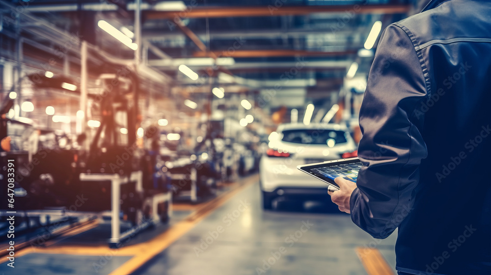 stock photo close up a back site engineering holding a tablet checking work at Car Factory Automotive.generative ai stock photo close up a back site engineering holding a tablet checking work at Car Factory Automotive.generative ai