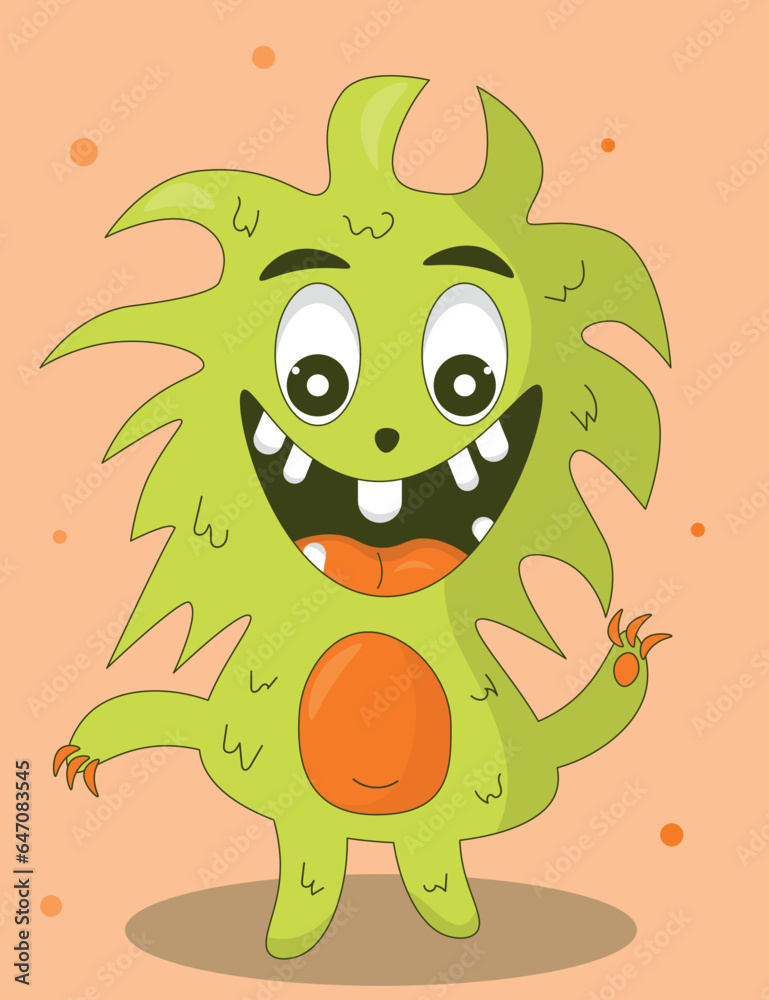 Fototapeta premium cartoon monster with orange eyes and green hair