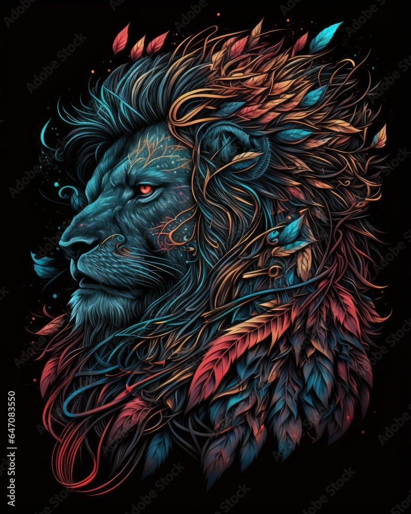 Vibrant Colorful Peaceful Lion with a Black Background, Generative AI