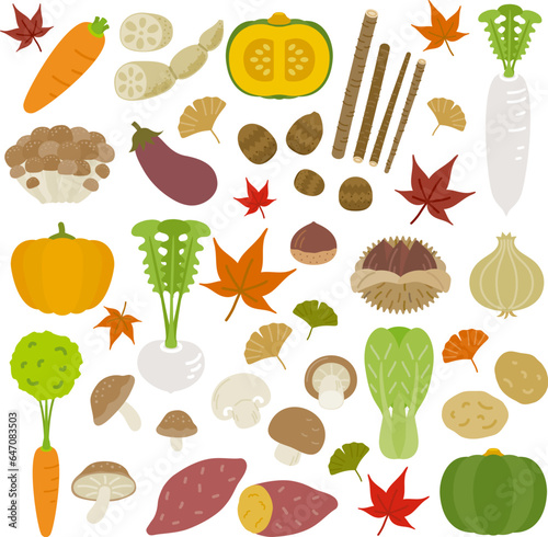 食べ物アイコンセット（秋）：シンプルでかわいい秋の野菜と紅葉、銀杏