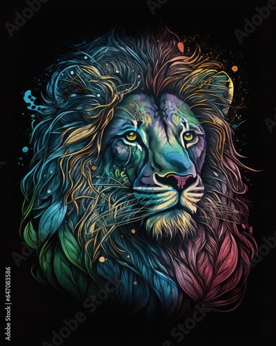 Vibrant Colorful Peaceful Lion with a Black Background  Generative AI