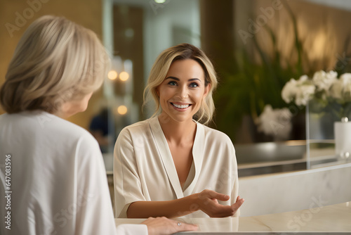 A young woman stands at a counter in a spa, smiling at the camera as she explains something to a second person, exemplifying exceptional customer service