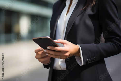 Businesswoman using smartphone,closeup on hand,over sholder camera angle,daylight.