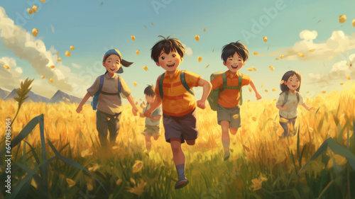 vector illustrations A group of rural Asian child Playing in the field. photo