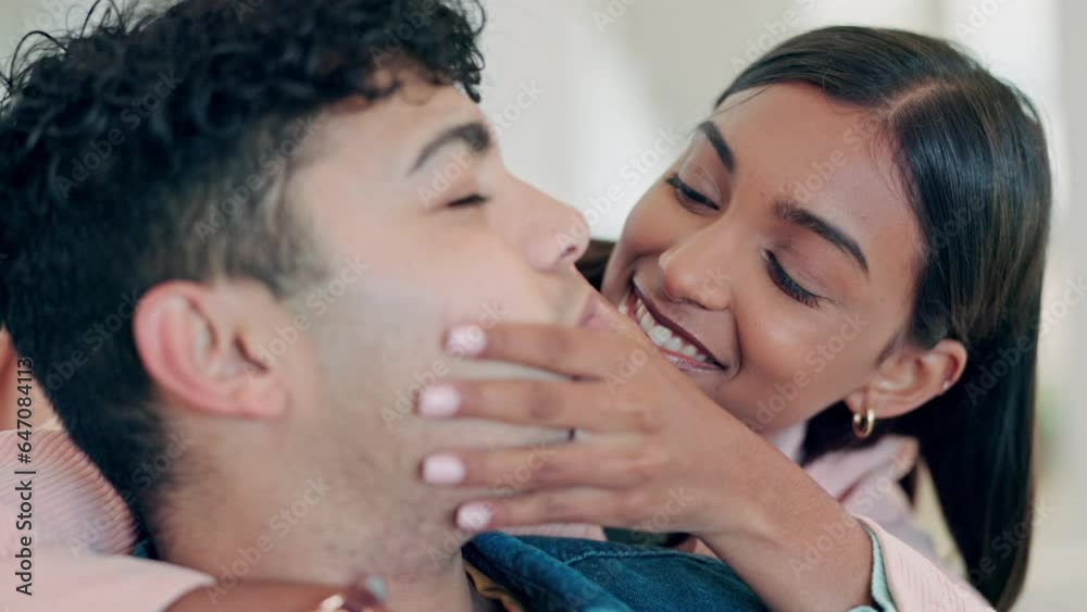 Home, hug and couple with love, marriage and commitment with conversation, bonding and trust. Lounge, man and woman embrace, care and relationship with care, support and talking with peace and relax