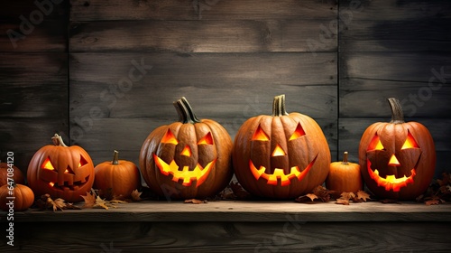 Halloween Lantern Pumpkins on rustic wooden background