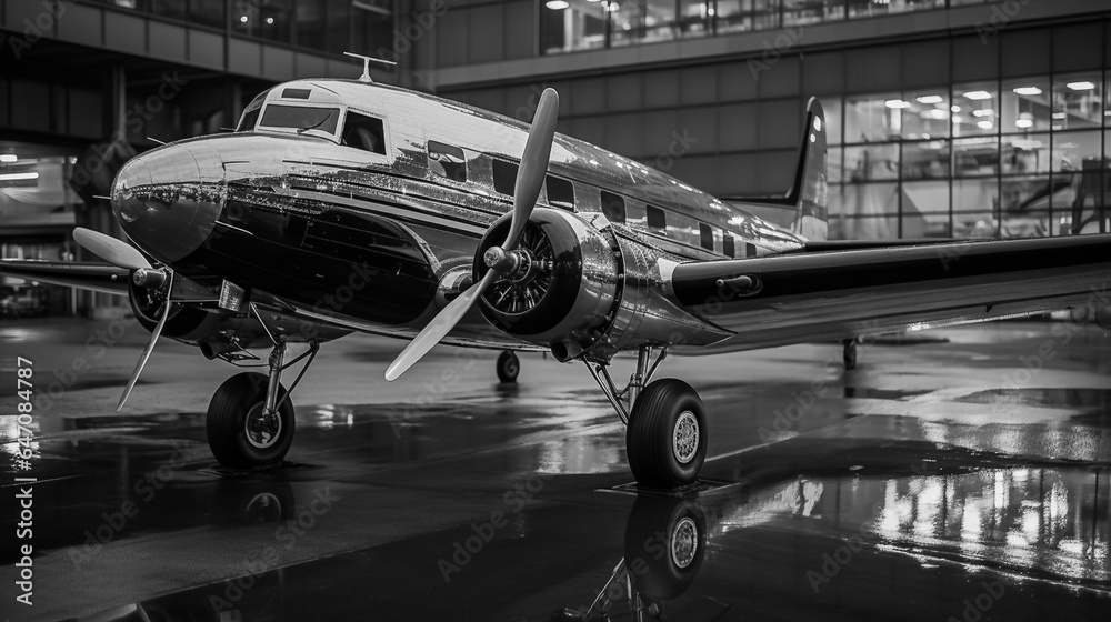 old vintage airplane in the airport hanger - obrazy, fototapety, plakaty 