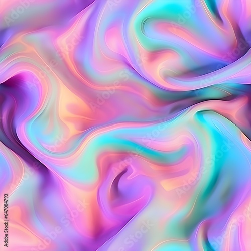 Seamless pattern of colorful dye on a colorful fabric in soft pastels, in the style of holographic. Generative AI